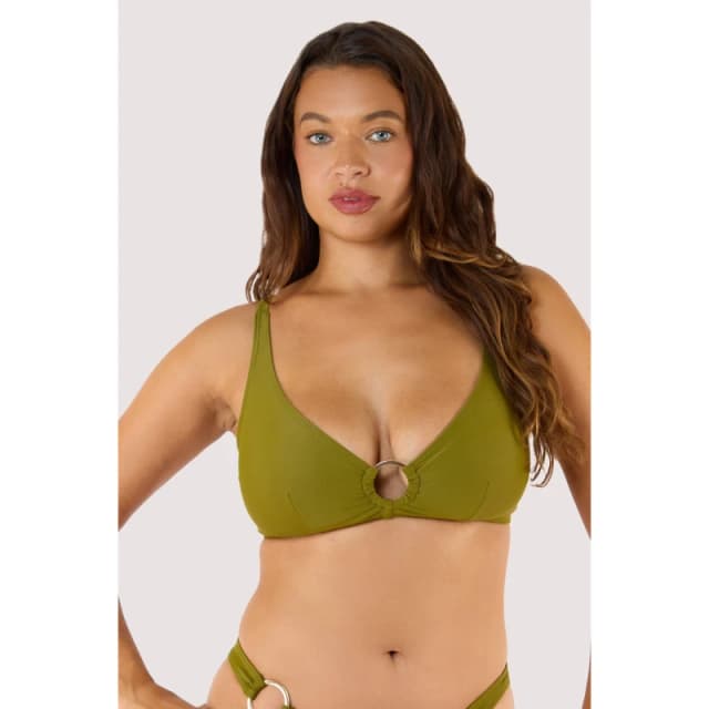 Wolf and Whistle Kalahari Khaki High Shine Bikini Top with Gold Rin Khaki female 16D/DD