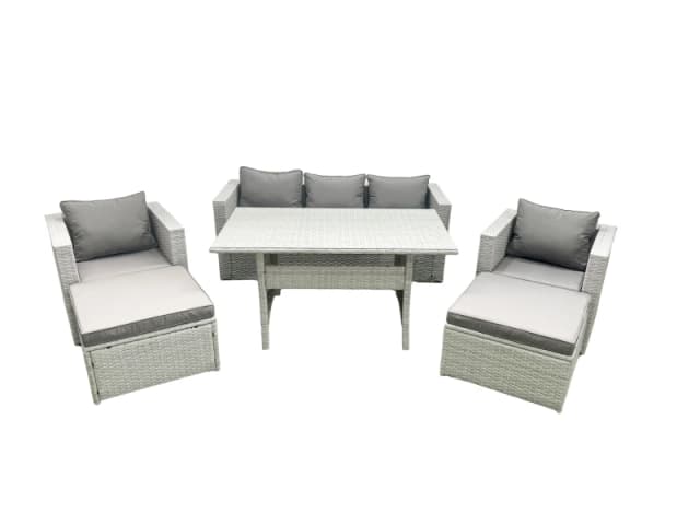 Fimous Garden Dining Set Outdoor Rattan Furniture Set with Sofa Dining Table 2 Chairs 2 Big Footstools Light Grey Mixed Light Grey