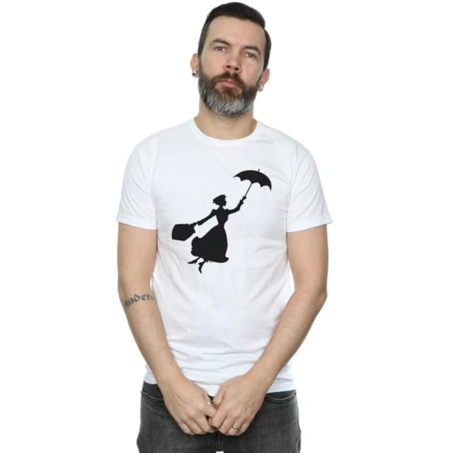 Disney Men Mary Poppins Flying Silhouette T-Shirt in White Size: Small White S Male 5057981442409