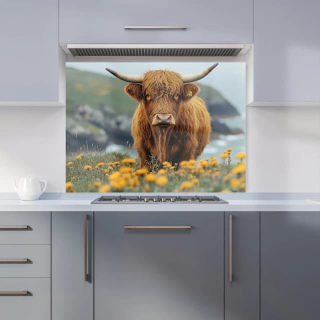 Warren Reed - Designer Highland Cow By The Coast Kitchen Splashback in Brown Size: 900mm x 650mm Brown Unisex 900mm x 650mm