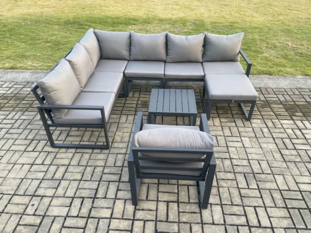 Fimous 8 Seater Aluminium Garden Furniture Set Outdoor Lounge Corner Sofa Chair Square Coffee Table Sets with Big Footstool Dark Grey Dark Grey Unisex