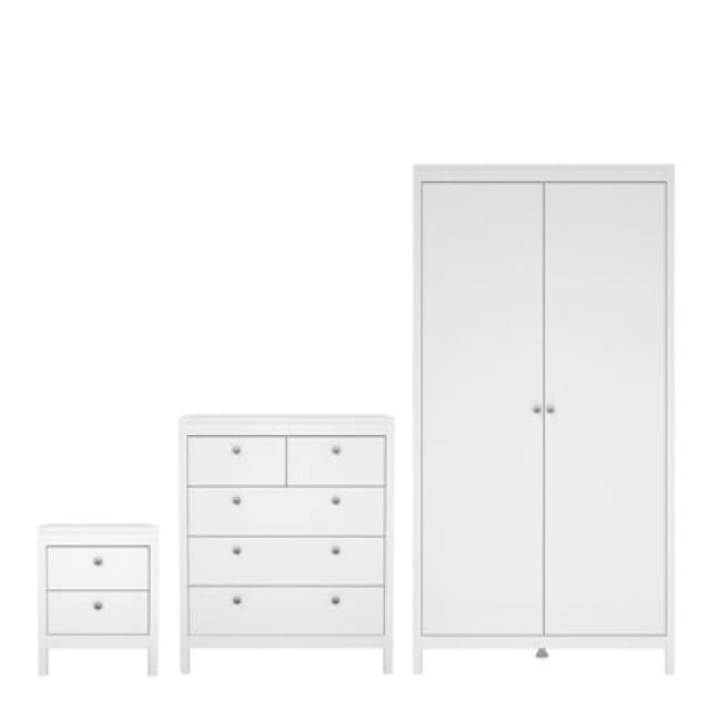 Furniture To Go Madrid 3 Piece Bundle, Bedside, Chest And 2 Door Wardrobe In White