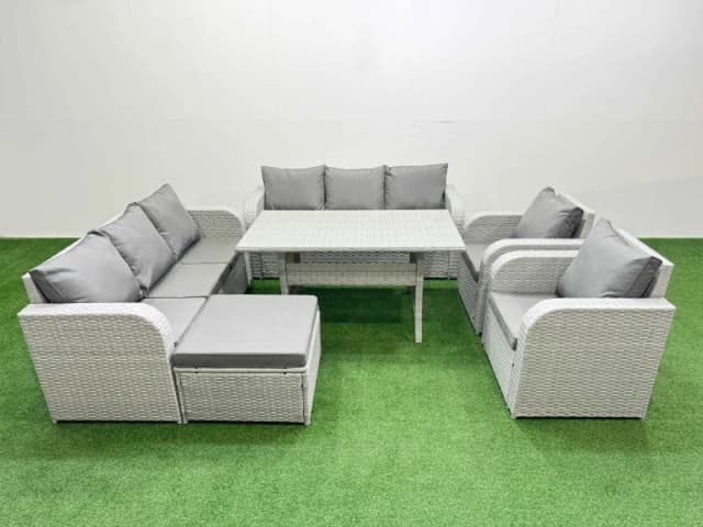 Fimous PE Rattan High Back Lounge Sofa Set Patio Rectangular Dining Table & Chairs Set with 3 Seater Sofa Reclining Chair Big Footstool Light Grey Lig