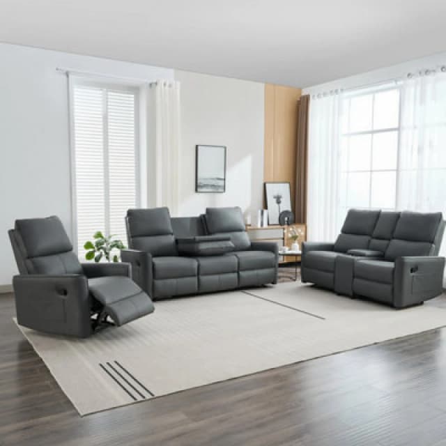 More4Homes Madrid 1+2+3 Seater W Console Manual Air Leather Recliner Sofa Set Grey