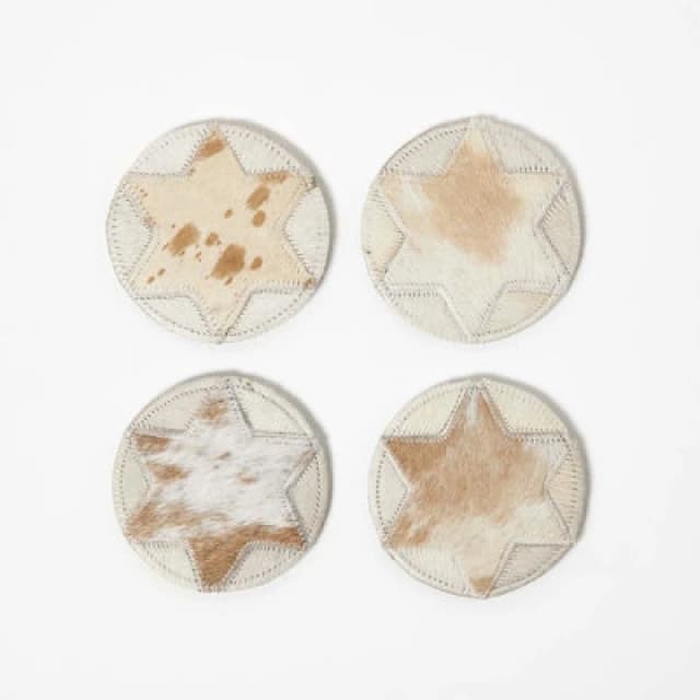Homescapes Brown Star Round Leather Coasters Set of 4 Brown