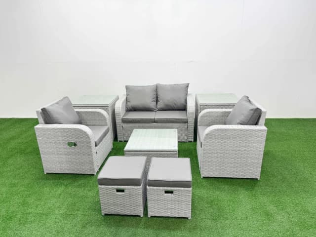 Fimous Light Grey PE Wicker Rattan Garden Furniture Set Sofa Set Reclining Adjustable Chair Square Coffee Table 6 Seater 2 Small Stools 2 Side Table L