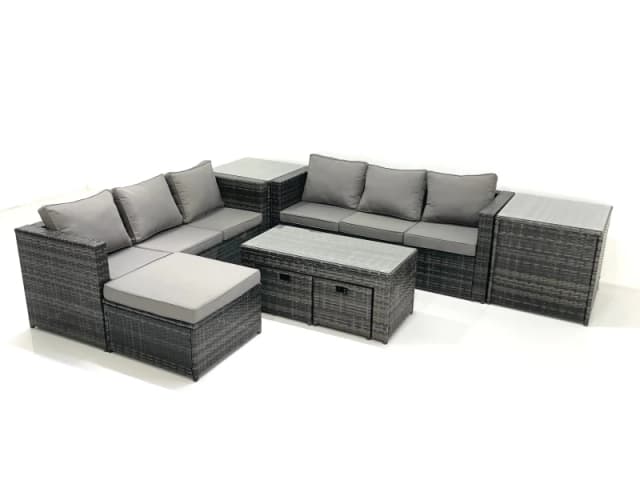 Fimous Garden Outdoor Rattan Furniture Set with Sofa Coffee table 3 Footstools 2 Side Tables Dark Grey Mixed Dark Grey