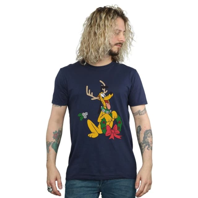 Disney Men Pluto Christmas Reindeer T-Shirt in Navy Size: Small Navy S Male 5059400324419