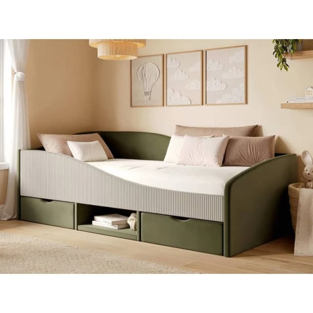 Flair Aubrey Velvet Storage Low Sleeper Bed with Beige Cord in Green Size: Single Green Unisex Single
