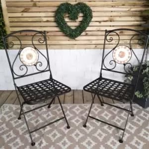 Set of 2 Outdoor Black Mosaic Metal Bistro Chairs for Garden Patio Balcony