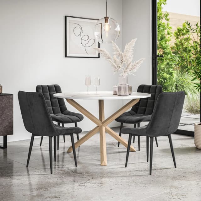 More4Homes Malvern Round Dining Table And Chairs - Marble Table Top W Solid Oak Legs + Nova Velvet Dining Chair Set Of 4 (Black)