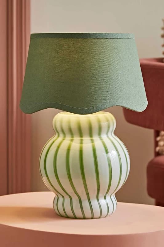 ValueLights ValueLights Taffy Stripe Green Glass Table Lamp with Sage Scalloped Lamp Shade in Pale Green Pale Green One Size Unisex 5059406068270