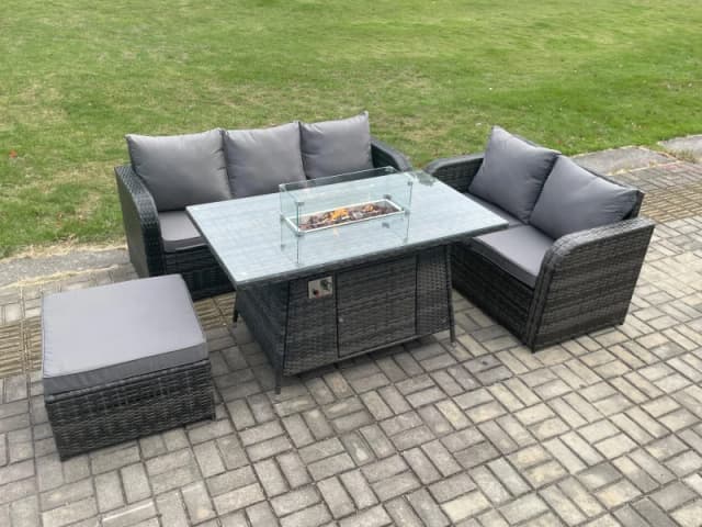Fimous PE Wicker Outdoor Rattan Garden Furniture Set Propane Gas Fire Pit Table and Sofa set with Big Footstool Dark Grey