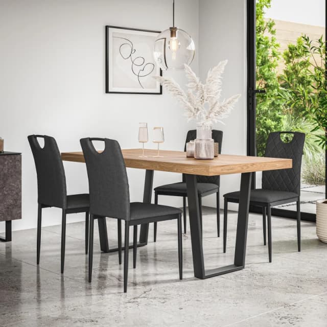 More4Homes Aria Dining Table And Chairs - Oak Effect Table Top W Black Legs + Monza Linen Dining Chair Set Of 6 (Charcoal)