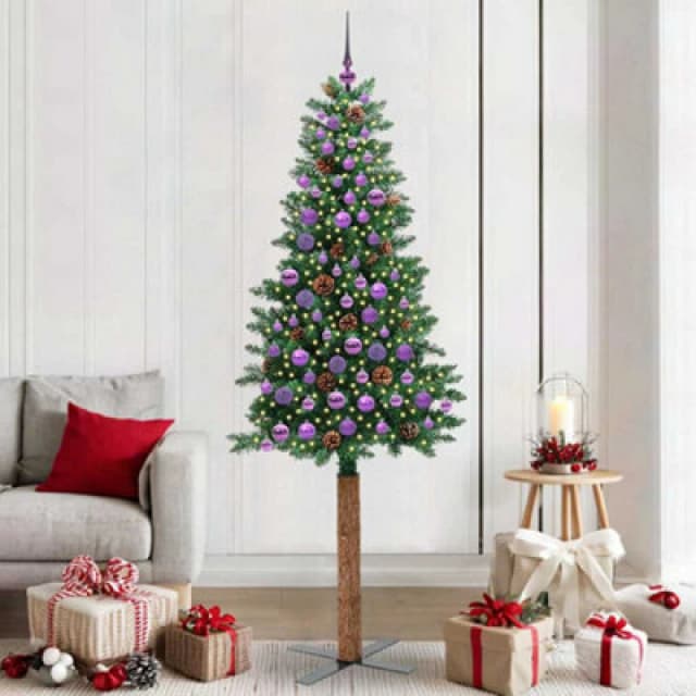 vidaXL Slim Christmas Tree with Lilac Balls Green 210cm PVC and Solid Pine wood, Green 3394883