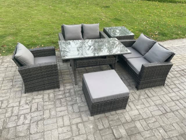 Fimous 6 Seater Wicker Rattan Garden Dining Set Outdoor Furniture Sofa with Dining Table Double Seat Sofa Big Footstool Side Table in Dark Grey Dark G