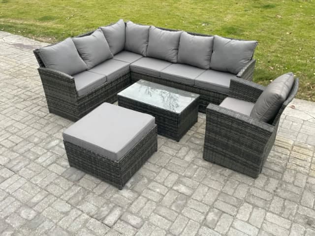 Fimous 8 Seater Rattan Lounge Corner Sofa Set Wicker PE Outdoor Garden Furniture Set with Coffee Table Big Footstool Armchair in Dark Grey Dark Grey U