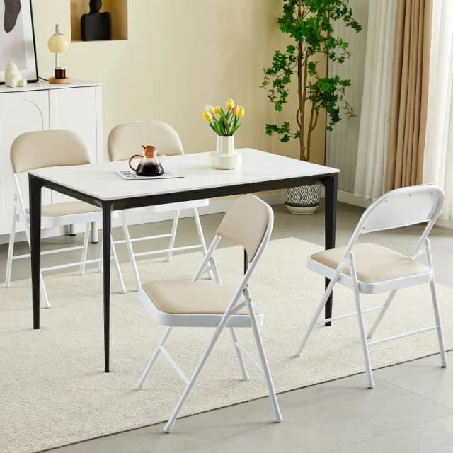 MCC Direct Set of 4 Folding Dining Chairs Metal Frame Padded Seats Beige