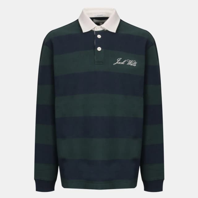 Jack Wills Mens Cotton Long Sleeve Rugby Polo Shirt Pine/Navy male S