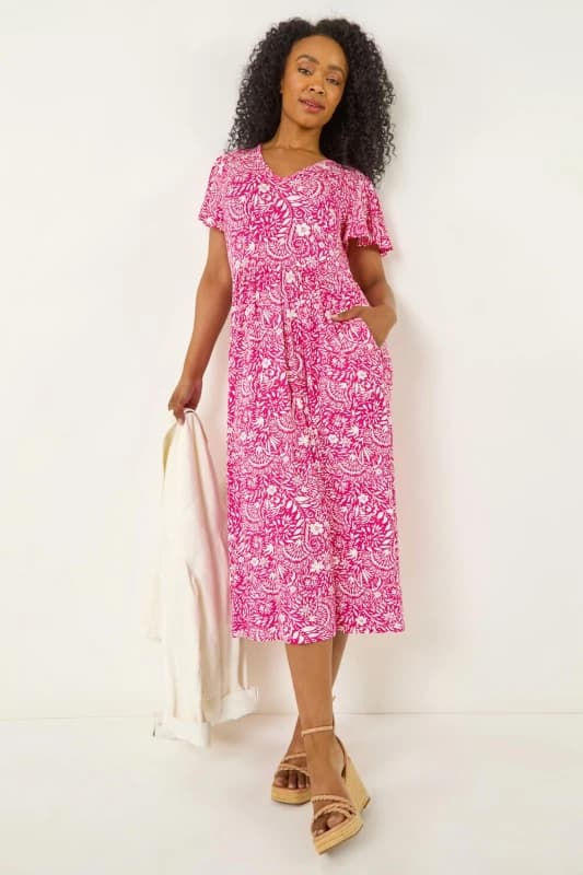 Roman Womens Petite Floral Print Pocket Midi Dress in Pink Size: 18 Pink Female 18