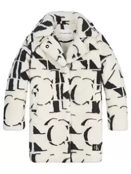 Calvin Klein Jeans Girls Monogram All Over Print Fur Coat - Ivory, Ivory, Size 10 Years, Women