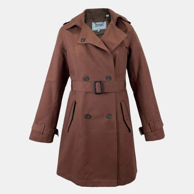 Jack Wills Womens Double Breasted Cotton Water Resistant Mid-Length Trench Coat Dark Brown female 8 (XS)