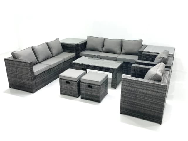 Fimous Rattan Garden Furniture Sofa Set with Coffee table Armchair 2 Side Tables 2 Small Footstools Dark Grey Mixed Dark Grey