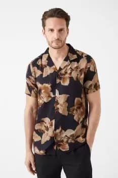 Black Large Brown Floral Viscose Print Revere Shirt