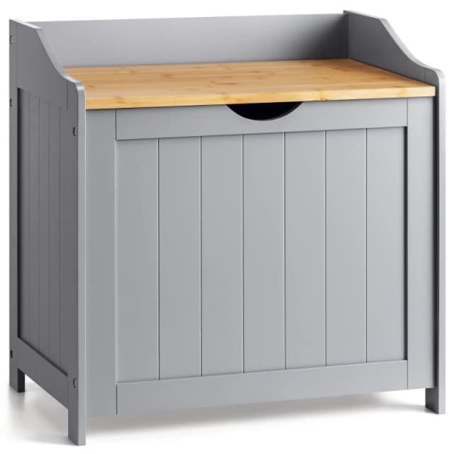 Christow Wooden Laundry Box Bin Grey Bamboo Bathroom Storage Basket Linen Chest Grey
