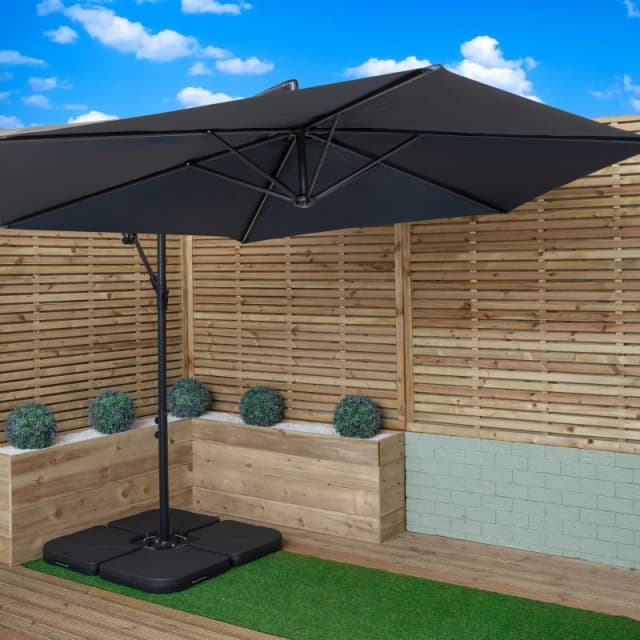 3m Cantilever Banana Garden Parasol in Blue with Crank Handle and Parasol Base Weights Included