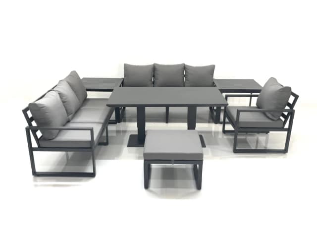 Fimous Outdoor Garden Furniture Set Aluminium Lounge Sofa Adjustable Rising Lifting Dining Table Sets with Big Footstool 2 Side Tables Dark Grey Dark