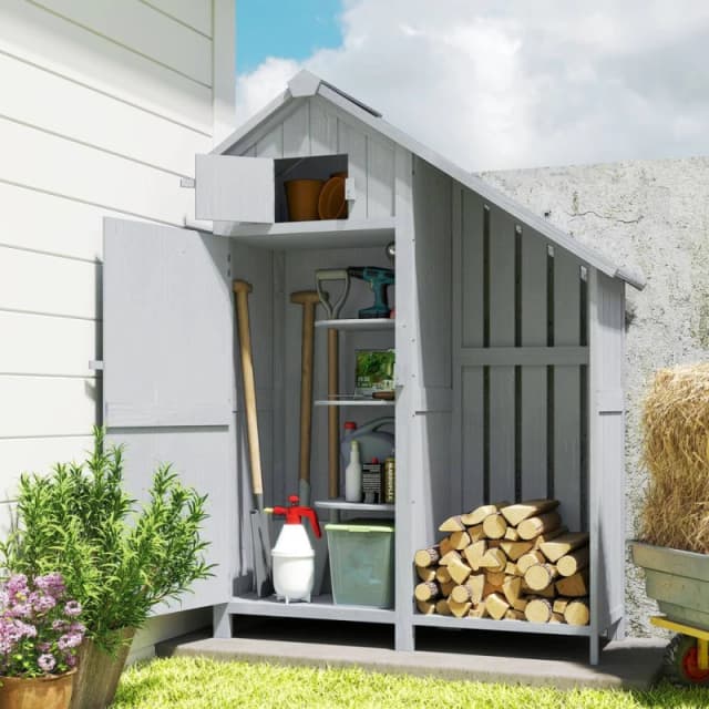Outsunny Fir Garden Storage Shed With Shelves Log Rack, Grey 845-336V04GY