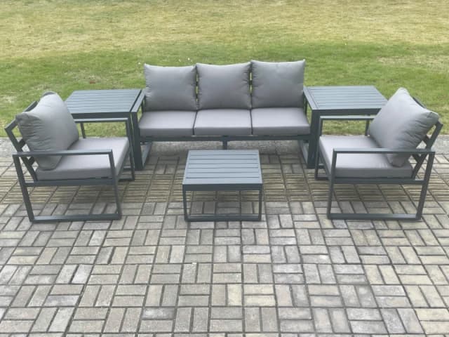 Fimous Aluminium Outdoor Garden Furniture Set Lounge Sofa 2 PC Chairs Square Coffee Table Sets with 2 Side Tables Dark Grey Dark Grey Unisex