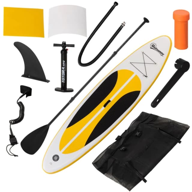 Outsunny 10ft Inflatable Paddle Stand Up Board Adjustable Paddle Non-Slip Deck White, Yellow, Black A33-018