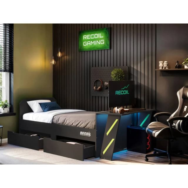Flair Alister Gaming Single Bed with Desk Charcoal & Green Charcoal Unisex Single
