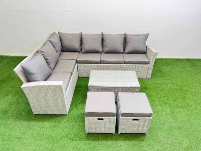 Fimous 8 Seater Garden Outdoor Rattan Furniture Set with Oblong Coffee Table in Light Grey Light Grey Unisex