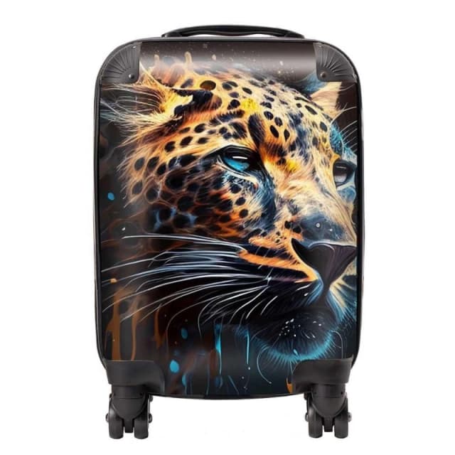 Warren Reed - Designer Leapoard Face Splashart On Dark Background Suitcase in Yellow Size: Large Yellow Unisex Large