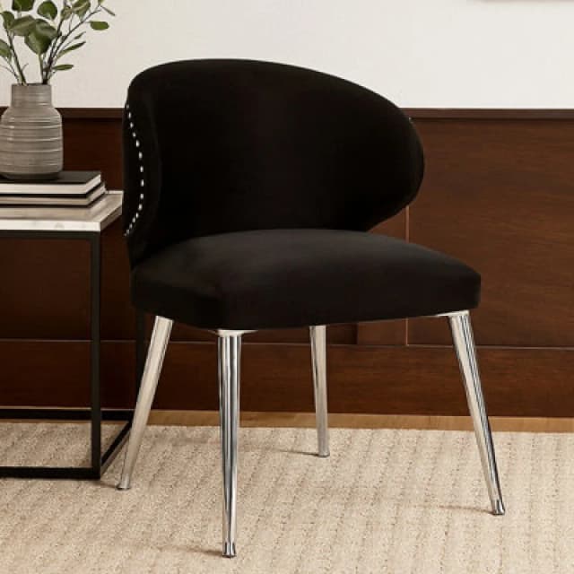 Orsina Black Velvet Dining Chair, Accent Dining Chair For Living Room, Upholstered Velvet Chair With Curved Back