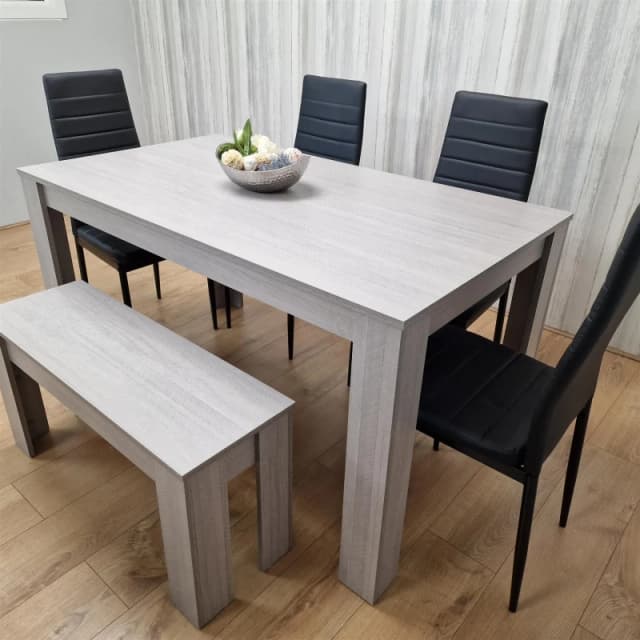 KOSY KOALA Kosy Koala - Dining Table and 4 Chairs With Bench Grey 4 Black Leather Chairs Wood Dining Set Furniture Arrow Grey 140 + 4 Black Metal + 1