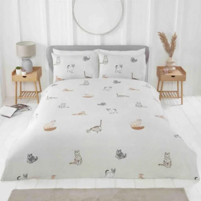 Rapport Purrrfect Reversible Duvet Cover Set Cats And Stripes Bedding Natural