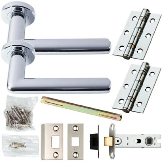 Loops Door Handle & Latch Pack Chrome Modern Straight Slim on Screwless Round Rose Multi