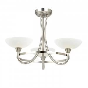 3 Light Semi Flush Multi Arm Ceiling Light Satin Chrome, White Painted Glass with Faint Line Pattern, G9