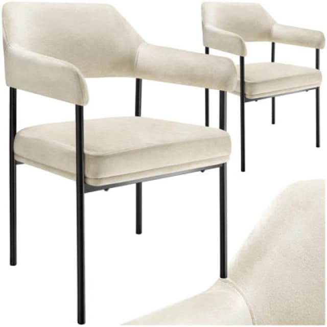 Tectake Set Of 2 Armchair Doe - Durable Fabric, Black Powder-Coated Legs, 120 Kg Load, 58 X 62 X 85cm - Velvet Look Off-White