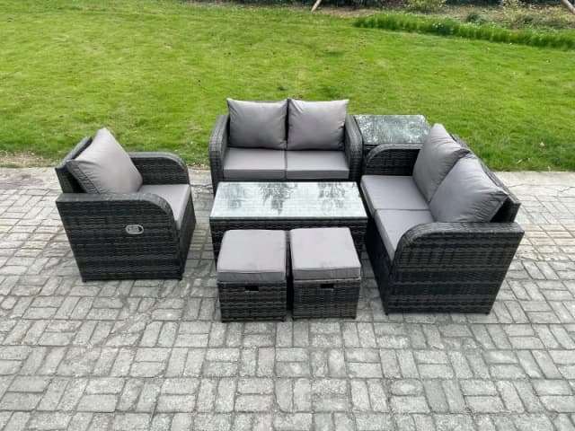 Fimous Rattan Outdoor Garden Furniture Sofa Set Patio Table & Chairs Set with 2 Small Footstools Side Table Dark Grey Mixed Dark Grey