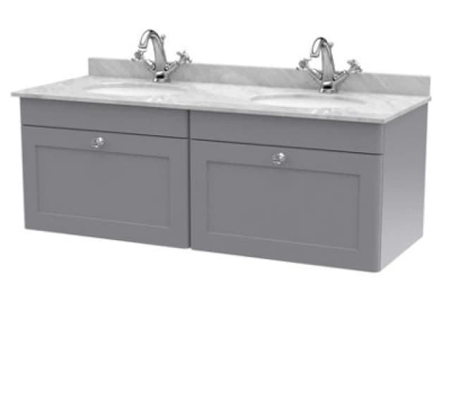Nuie Classique Wall Hung 2 Drawer Vanity Unit & 1 Tap Hole Grey Marble Top With Oval Basin, Contemporary Sink Vanity Unit In