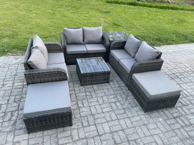 Fimous 8 Seater Outdoor Garden Furniture Sets Wicker Rattan Furniture Sofa Sets with Square Coffee Table Love seat Sofa 2 Big Footstool Side Table Dar