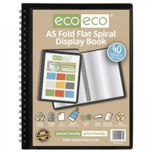 Eco Eco 50% Recycled Fold Flat Spiral Display Book 40 Pockets A5 Black eco137-S