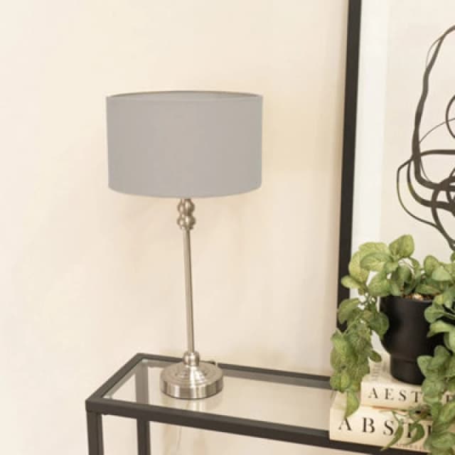 ValueLights Maggie Brushed Chrome Candlestick Slim Table Lamp with Fabric Drum Lamp Shade Grey
