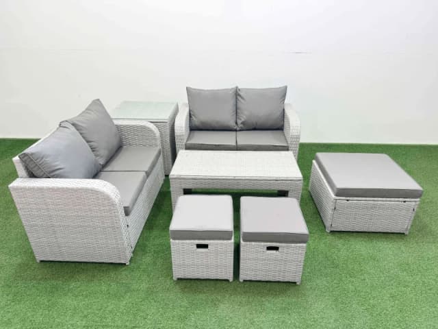 Fimous 7 Seater Outdoor Love Sofa Set Rattan Garden Furniture Set with Oblong Coffee Table 3 Footstool Side Table Light Grey Light Grey