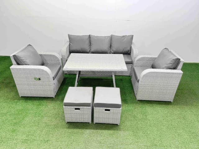 Fimous Reclining Chair 3 Seat Sofa Set Garden Furniture Set with Small Stools in Light Grey Light Grey Unisex